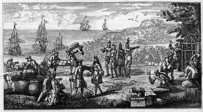 Lossen van voorraden in de Franse koloniën van Amerika. Pentekening plaatst een hoofd van een memoire van Vauban over 