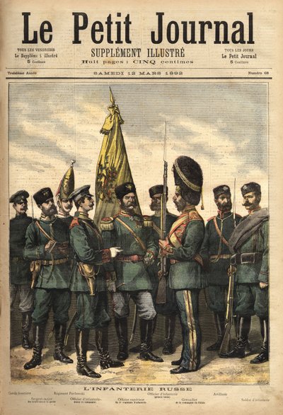 Uniformen van de Russische infanterie, bondgenoten van Frankrijk. Gravure in 