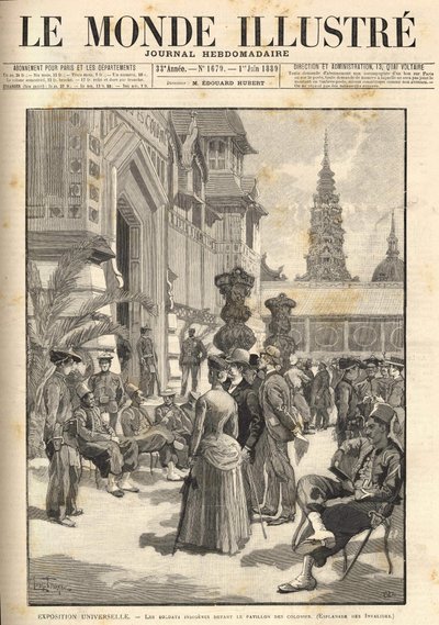 Universele Tentoonstelling 1889 - Inheemse soldaten voor het Koloniaal Paviljoen (Esplanade des Invalides). Omslag van 