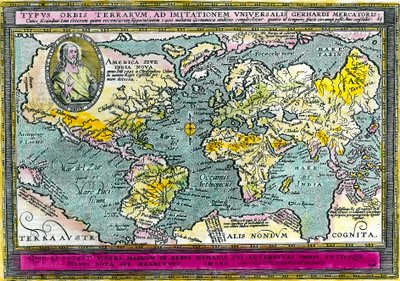 Universele geografische kaart (wereldkaart) van 1596. Gravure. Privécollectie. door Unknown artist