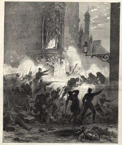 Opstand door de Republikeinen in Catalonië: gevechten in Barcelona in de nacht van 25 op 26 september 1869 - Sexenio Democrático (zes democratische jaren) - Spanje onder het bewind van generaal Francisco Serrano 1869/1870 - Republikeinse opstand in Catalon door Unknown artist