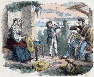 Gebruik van stro in de 19e eeuw: een man vult een stoel met stro, een vrouw vlecht hoeden (mandenmakerij), een kind maakt zeepbellen met een strohalm. Gravure eind 19e eeuw. door Unknown artist