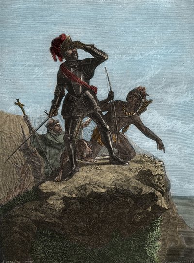 VASCO NUNEZ de BALBOA - Spaanse ontdekkingsreiziger - Balboa ontdekt de Stille Oceaan in 1513 - gravure naar het schilderij van Mr Urdaneta door Unknown artist