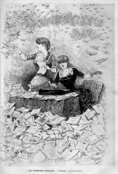 Valentijnsdag 14 februari: Engelse valentijnen schrijven en ontvangen liefdesbrieven van hun valentijnen. Gravure in 
