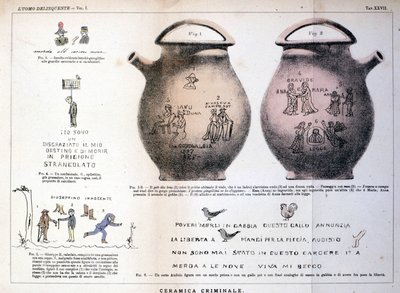 Diverse illustraties en inscripties achtergelaten door criminelen op keramische vazen: studie door Cesare Lombroso (1835-1909), Italiaanse criminoloog in 
