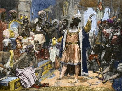 Vasco da Gama levert de brief van koning Manuel van Portugal aan de Samorim van Calicut - naar schilderij, c. door Unknown artist