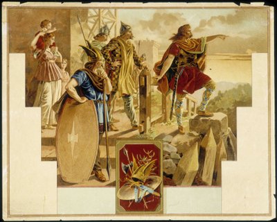 Vercingetorix omringd door Galliërs, krijgers, vrouwen en kinderen - Chromolithografie door Unknown artist