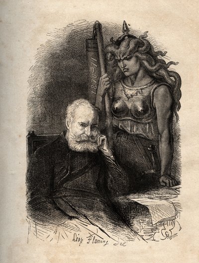 Victor Hugo zittend met een oorlogsgodin - gravure uit 