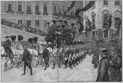 Wenen 1889: De begrafenis van Prins Rodolph (Aartshertog Rodolph van Habsburg (1858 - 1889), kroonprins van Oostenrijk.) De processie voor de Franse ambassade. door Unknown artist
