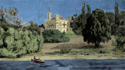 Uitzicht op Kasteel Berg en het meer van Stamberg waar het lichaam van Lodewijk II van Beieren werd gevonden. door Unknown artist