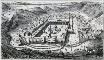 Uitzicht op Mekka en zijn grote moskee ten tijde van het bezoek van de pelgrims. Gravure 19e eeuw. door Unknown artist