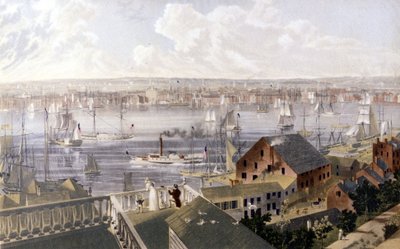 Uitzicht op de haven van New York. Lithografie ca. midden 19e eeuw. door Unknown artist