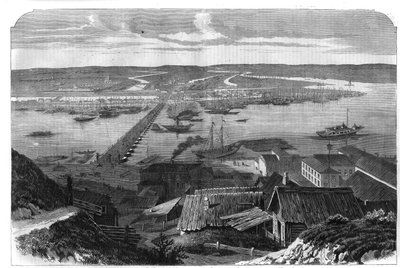 Uitzicht op Nizhny Novgorod (Nizhny Novgorod), stad in Rusland. Gravure in 