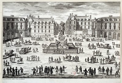 Uitzicht op Place des Victoires in Parijs met het standbeeld van Lodewijk XIV opgericht door de maarschalk de la Feuillade in 1686. Gravure van de 17e eeuw Parijs, Musee Carnavalet door Unknown artist