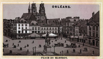 Uitzicht op Place du Martroy in Orléans, departement Loiret en regio Centre, Frankrijk. Chromolithografie uit de late 19e eeuw. door Unknown artist