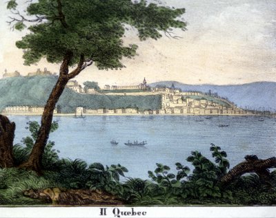 Uitzicht op de stad Quebec aan het begin van de 19e eeuw. Kleurenlithografie. door Unknown artist