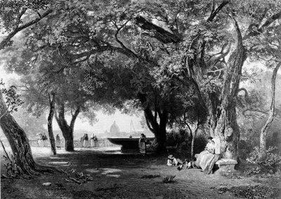 Uitzicht op Rome vanaf de Pincio waar de Villa Medici staat. Op de achtergrond zien we de koepel van Sint-Pieter. Gravure, circa 1840. door Unknown artist