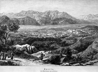 Zicht op Sparta. 19e-eeuwse gravure door Unknown artist
