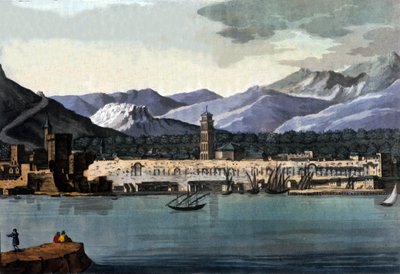 Uitzicht op Split, Kroatië, vanaf de zee. Aquarel uit het begin van de 19e eeuw door Unknown artist