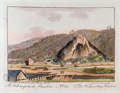Uitzicht op St. Helene in Baden, Oostenrijk. Gravure uit 1815 door Unknown artist