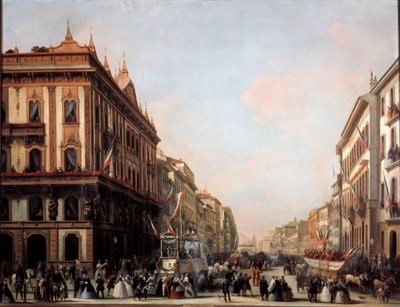Zicht op de Venezia straat met carnavalswagen, Milaan door Unknown artist