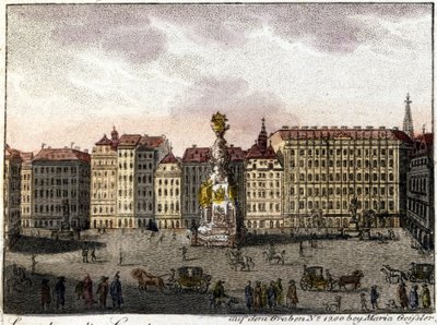 Zicht op Wenen en Grabenplein (hol) dat zijn naam ontleent aan de greppel die door de Romeinen werd gegraven om de stad te verdedigen. Lithografie uit het midden van de 19e eeuw door Unknown artist