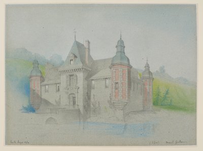 Uitzicht op een kasteel aan een rivier door Unknown artist
