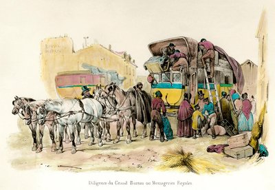 Uitzicht op een diligence van het Grand Bureau of de Royal Messageries, dienst ingesteld door Anne Robert Turgot (1727-1781): laden van passagiersbagage door Unknown artist