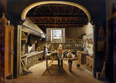 Zicht op een keuken: mensen zijn bezig door Unknown artist