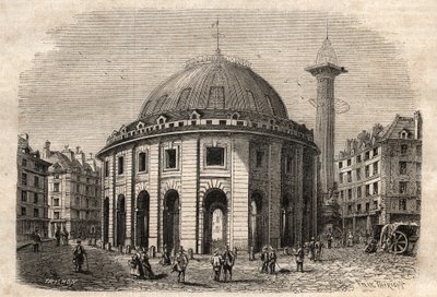 Zicht op halle au blé in Parijs (gebouwd in 1763-1769) en de Medici-zuil, gravure begin 19e eeuw door Unknown artist