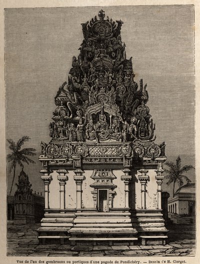 Zicht op een van de gombroons of portieken van een Pondichery-pagode (Pondicherry) (India). Gravure ter illustratie van een expeditie naar de pagode van Chillambaran (Coromandelkust), van 1838 tot 1844, door de viceadmiraal Paris, directeur van het depot d door Unknown artist