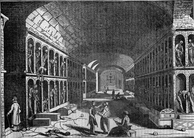 Zicht op de begraafplaats van de Kapucijnen in Palermo in de 19e eeuw. (Cimitero dei Cappuccini, Palermo). door Unknown artist