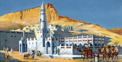 Gezicht op de Horeda Moskee, Hadramaout Woestijn, Jemen (Horeda Moskee Hadramaut Jemen) 1930