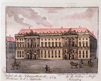 Zicht op het Hotel van de Kanselarij van Bohemen en Oostenrijk in Wenen, Oostenrijk. Gravure uit 1815 Privécollectie door Unknown artist