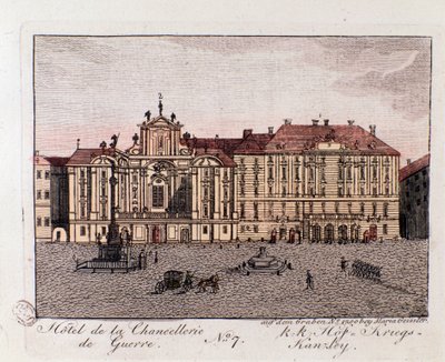 Uitzicht op het Hotel van de Oorlogskanselarij in Wenen, Oostenrijk. Gravure uit 1815 door Unknown artist