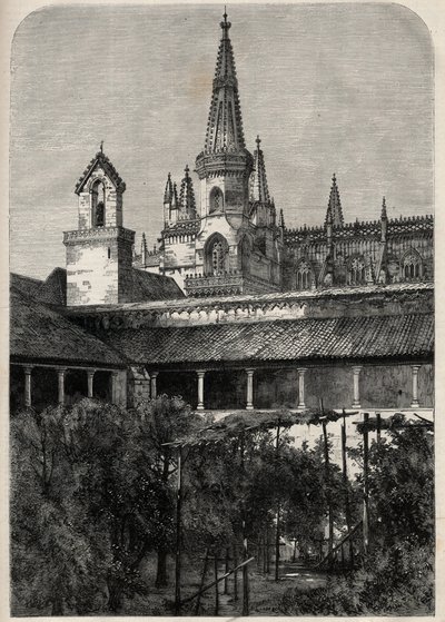 Uitzicht op het klooster van Bathala in Portugal. Gravure in 