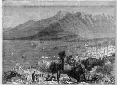 Uitzicht op de haven van Beiroet en de bergen van Libanon. Gravure in 