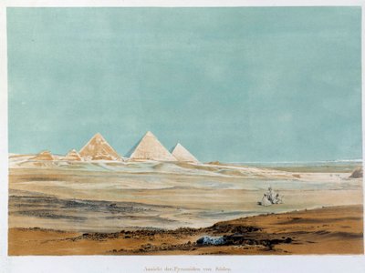 Zicht op de piramides van Gizeh (Guizeh, Giza, Gizeh), Egypte. Illustratie van de 19e eeuw Parijs, Collège de France door Unknown artist