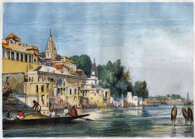 Uitzicht op de Sutti Chowra Ghat aan de Ganges, in Cawnpore (Kanpur), India in 1857. door Unknown artist