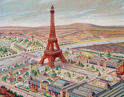 Uitzicht op de Wereldtentoonstelling met de verschillende paviljoens en de Eiffeltoren door Unknown artist
