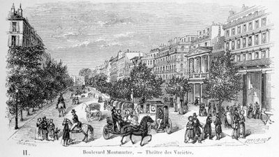 Uitzicht op het Variété Theater aan de Boulevard Montmartre. door Unknown artist