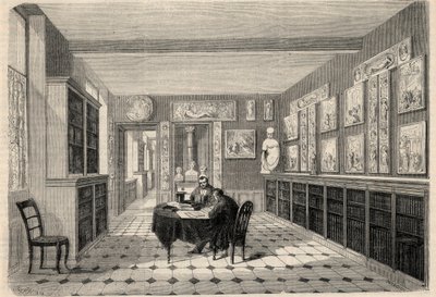 Zicht op de Victor Cousin bibliotheek aan de Sorbonne Universiteit in Parijs. Gravure in 