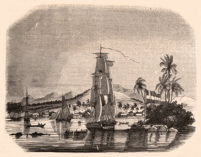 Uitzicht op de baai van Papeete en blok Koningin, Tahiti, Frans-Polynesië en op de voorgrond zeilboten en boten door Unknown