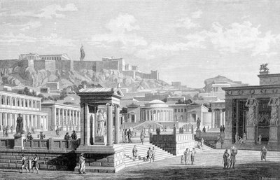 Uitzicht op het stadscentrum van Athene. Gravure uit 1877 door Unknown artist