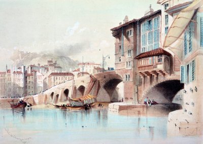 Zicht op de stad Lyon en de Pont de Charge. Aquarel uit 1837. Parijs, B.N. door Unknown artist