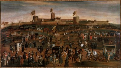 Zicht op de stad Milaan, het kasteel van de Sforza en het verkeer van de koetsen door Unknown artist