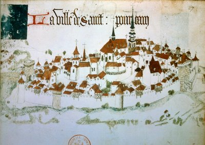 Uitzicht op de stad Saint Pourçain sur Sioule in de Allier in Auvergne. Miniatuur uit een 15e-eeuws manuscript. B.N. Parijs door Unknown artist