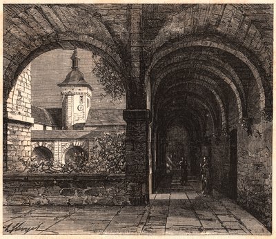 Uitzicht op de kloostergang van de abdij van Solesmes vanuit de galerij, Sarthe, Frankrijk door Unknown