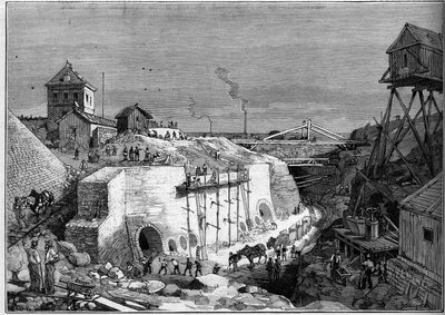 Uitzicht op de bouwplaats van de drinkwatertanks van Villejuif. Gravure in 