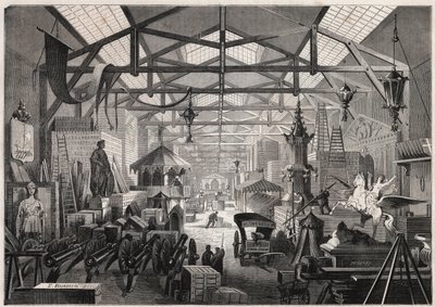 Zicht op de bouwwerkplaatsen van Eugène Delessert, bedrijf dat openbare feesten organiseert, avenue Dauphine in Parijs - Gravure in 
